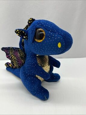 Blue Plush Dragon Toy with Gold Accents - Soft Reptile Ty Plush